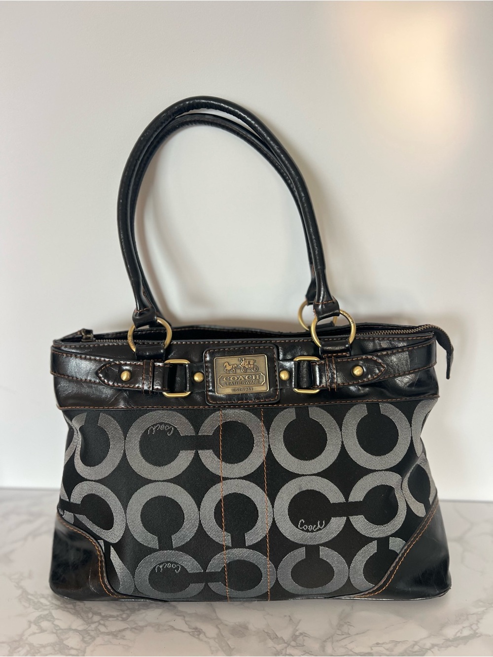 Coach Black & Gray Signature Canvas Shoulder Bag with Leather Accents